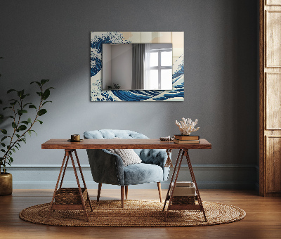 Mirror frame with print Great wave in Kanagawa