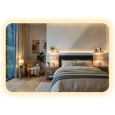 Rectangular mirror with rounded edges and LED lighting