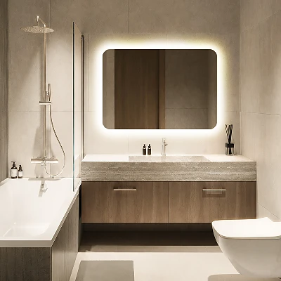 Rectangular mirror with rounded edges and LED lighting