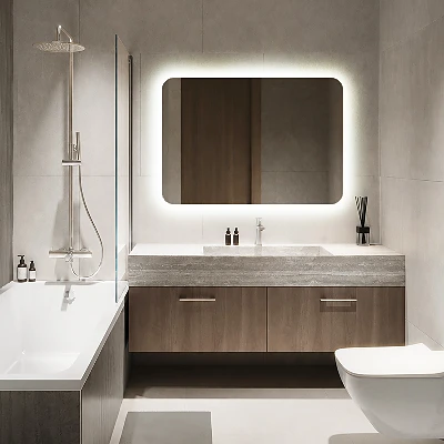 Rectangular mirror with rounded edges and LED lighting