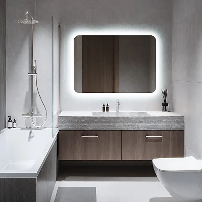 Rectangular mirror with rounded edges and LED lighting