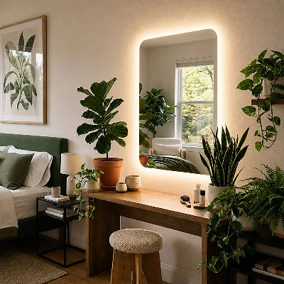 Rectangular mirror with rounded edges and LED lighting