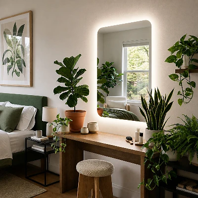 Rectangular mirror with rounded edges and LED lighting
