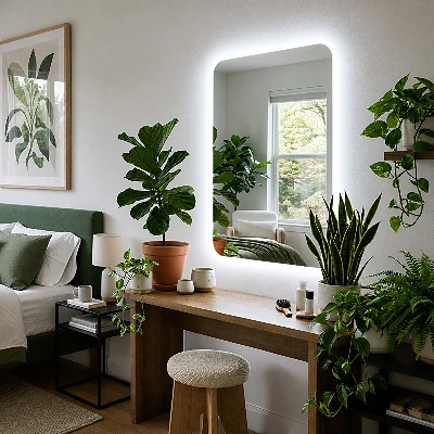 Rectangular mirror with rounded edges and LED lighting