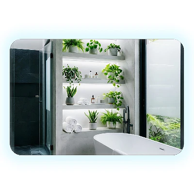 Rectangular mirror with rounded edges and LED lighting