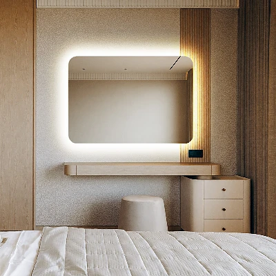 Rectangular mirror with rounded edges and LED lighting