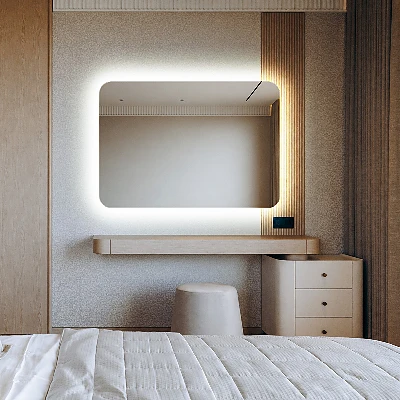 Rectangular mirror with rounded edges and LED lighting
