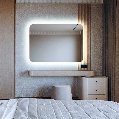 Rectangular mirror with rounded edges and LED lighting