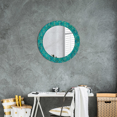 Round mirror printed frame Green and gold composition