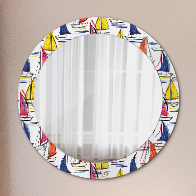 Round mirror printed frame Boat on the lake