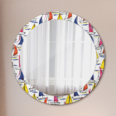 Round mirror printed frame Boat on the lake