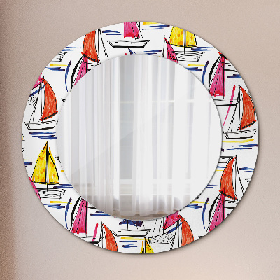 Round mirror printed frame Boat on the lake