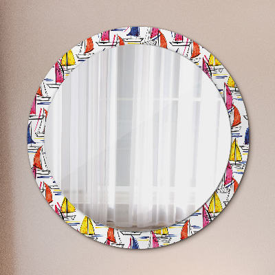 Round mirror printed frame Boat on the lake
