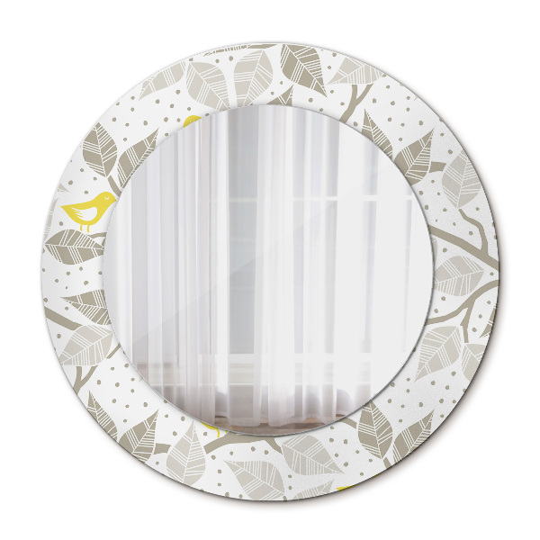 Round mirror printed frame Yellow birds on branches