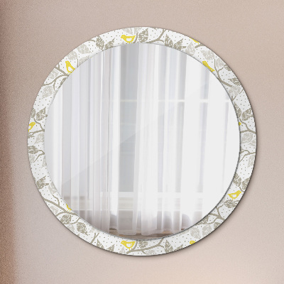 Round mirror printed frame Yellow birds on branches