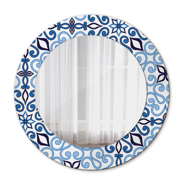 Round mirror printed frame Blue arabic pattern