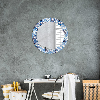 Round mirror printed frame Blue arabic pattern