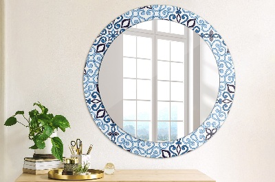 Round mirror printed frame Blue arabic pattern