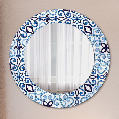 Round mirror printed frame Blue arabic pattern