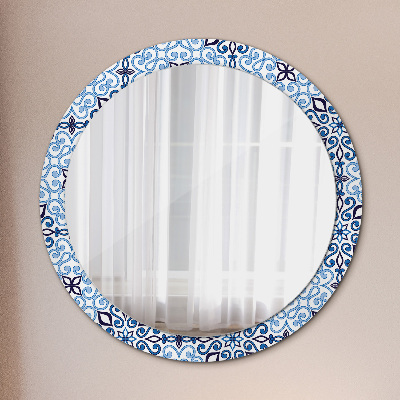 Round mirror printed frame Blue arabic pattern