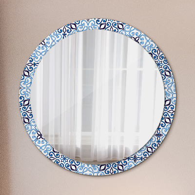 Round mirror printed frame Blue arabic pattern