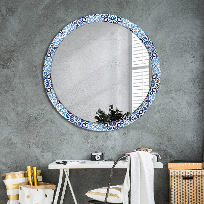 Round mirror printed frame Blue arabic pattern