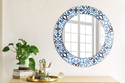 Round mirror printed frame Blue arabic pattern