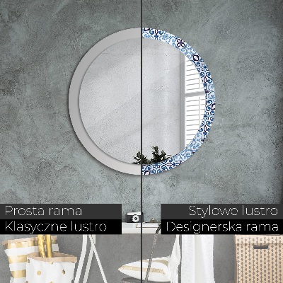 Round mirror printed frame Blue arabic pattern