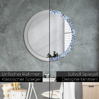 Round mirror printed frame Blue arabic pattern