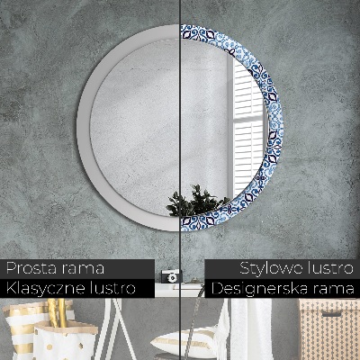 Round mirror printed frame Blue arabic pattern