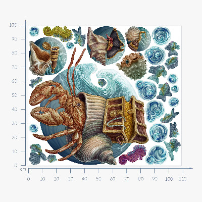 Wall sticker 100x109 An underwater fairy tale with crabs in a cartoon style