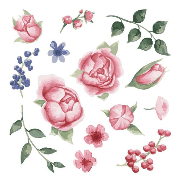 Wall sticker 100x128 Floral watercolors with peonies in pastel tones
