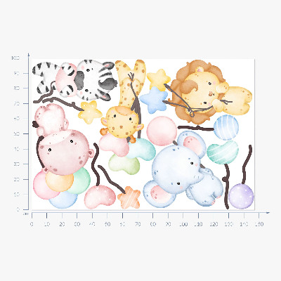Wall sticker 100x148 Safari with wild animals and balloons in watercolor