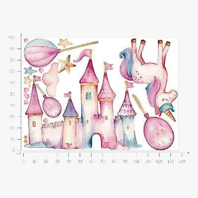Wall sticker 100x137 Unicorn castle in pastel watercolor style