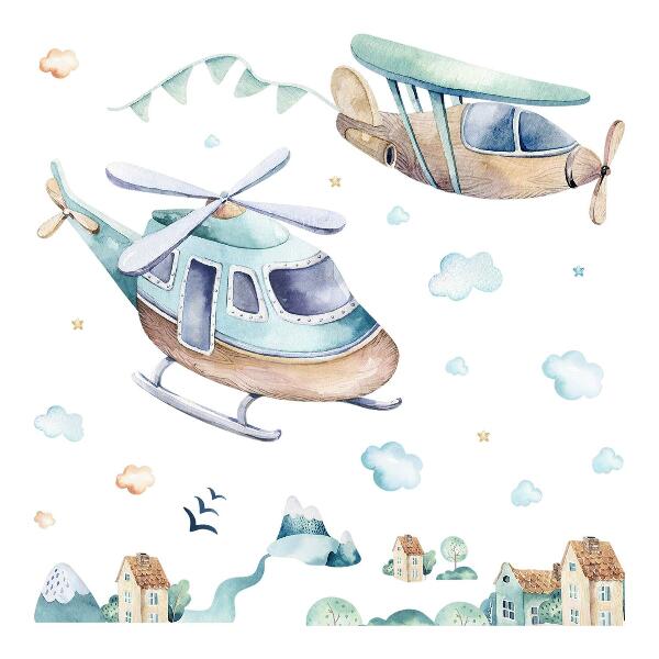 Wall sticker 100x145 Helicopter and plane in a pastel town
