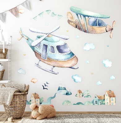 Wall sticker 100x145 Helicopter and plane in a pastel town