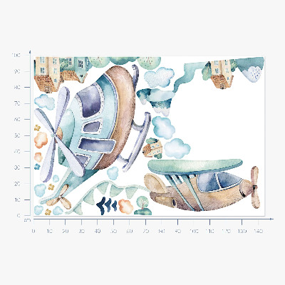 Wall sticker 100x145 Helicopter and plane in a pastel town