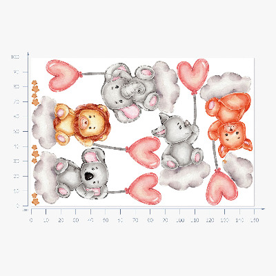 Wall sticker 100x150 Cute animals on clouds with pastel balloons