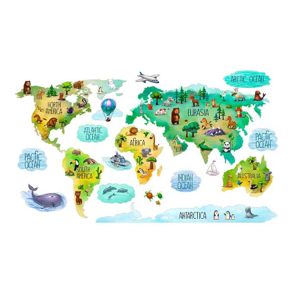 Wall sticker 100x156 Colorful world map with continents and nature