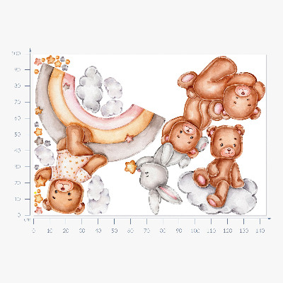 Wall sticker 100x145 Teddy bears and a rabbit in a pastel rainbow and clouds