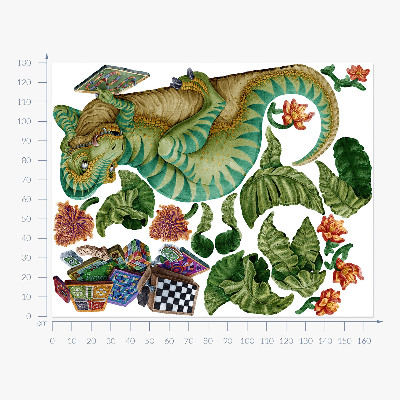 Wall sticker 130x165 Dinosaur in a cartoon style with leaves and flowers