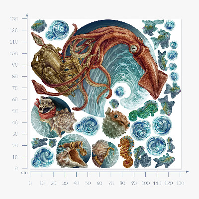 Wall sticker 130x131 Magical land of underwater creatures in drawing
