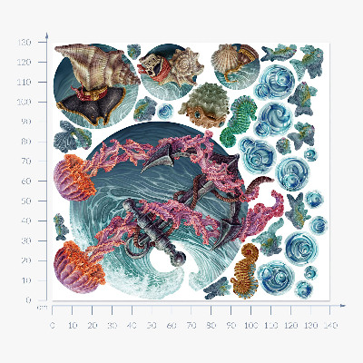 Wall sticker 130x139 Underwater fairy tale with sea jellyfish in the drawing