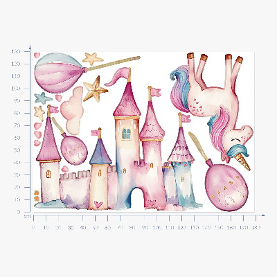 Wall sticker 130x178 Unicorn castle in pastel watercolor style