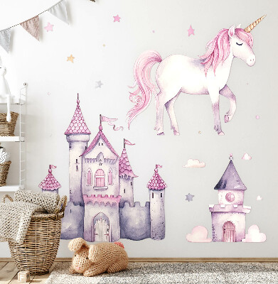 Wall sticker 130x213 Pastel watercolor with a unicorn and a castle