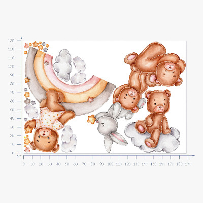 Wall sticker 130x188 Teddy bears and a rabbit in a pastel rainbow and clouds