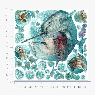 Wall sticker 130x134 A fairy-tale sea world with cartoon animals
