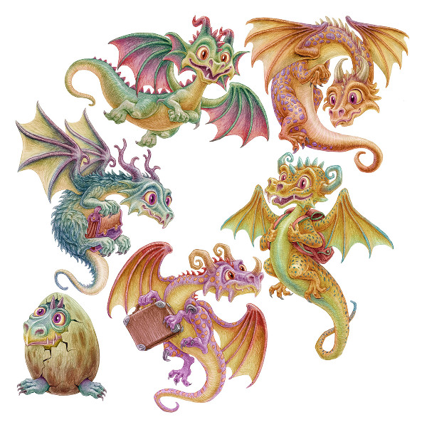Wall sticker 130x111 Colorful dragons in a fairy-tale cartoon style