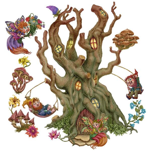 Wall sticker 60x79 Forest fairy creatures and a tree house