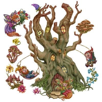 Wall sticker 60x79 Forest fairy creatures and a tree house